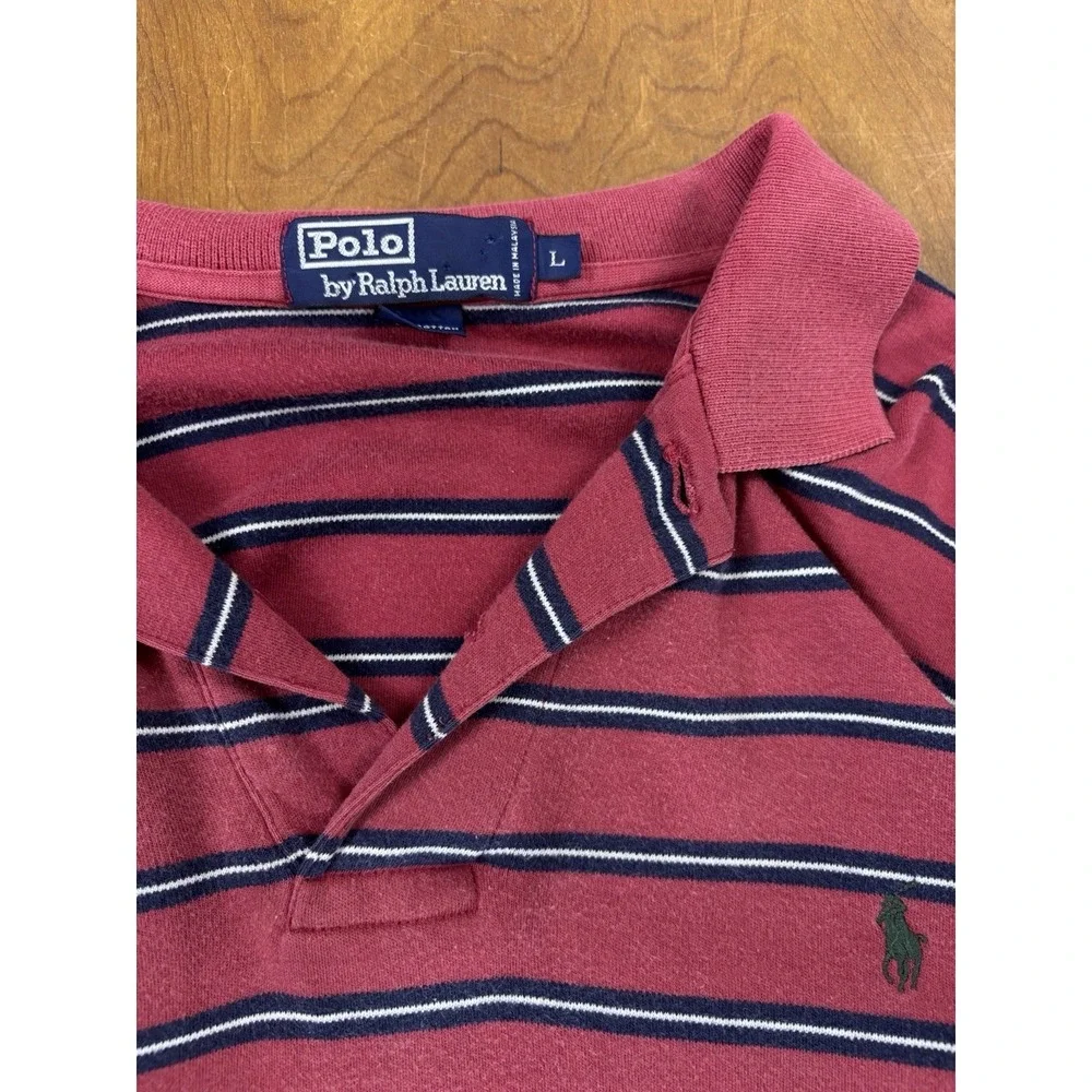 POLO Ralph Lauren Mens L Polo Shirt Red Navy Striped‎ Short Sleeve Preppy Vtg 90